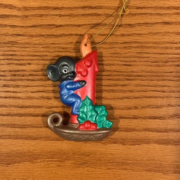 VINTAGE HANDMADE CERAMIC CHRISTMAS ORNAMENT, MOUSE ON A CANDLE - Picture 1 of 4